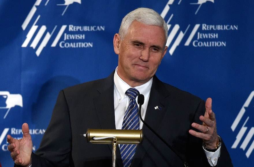 LAS VEGAS, NV - APRIL 25: Indiana Gov. Mike Pence speaks during the Republican Jewish Coalition spring leadership meeting at The Venetian Las Vegas on April 25, 2015 in Las Vegas, Nevada. The Republican Jewish Coalition's annual meeting featured potential Republican presidential candidates in attendance, along with Republican super donor Sheldon Adelson. (Photo by Ethan Miller/Getty Images)