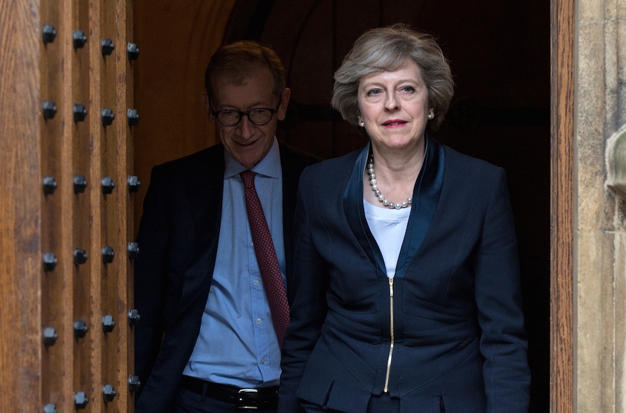 British Home Secretary Theresa May attending the annual Hanukkah parliamentary reception in London, December 2015. (Board of Deputies/Facebook)