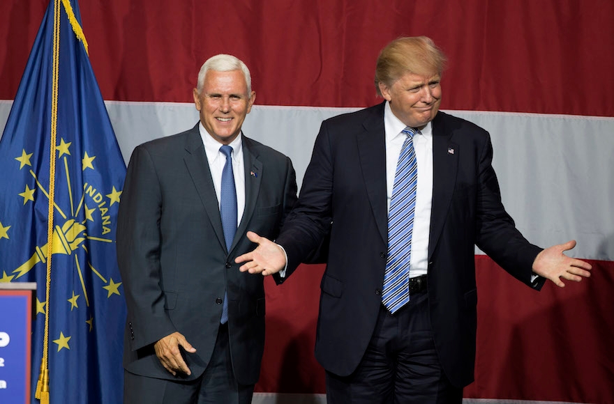 Donald Trump and Indiana Governor Mike Pence onstage during a campaign rally at Grant Park Event Center in Westfield, Indiana, July 12, 2016. (Tasos Katopodis/AFP/Getty Images)