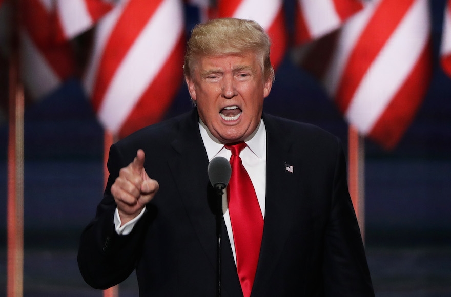 Republican presidential candidate Donald Trump speaking during the evening session on the fourth day of the Republican National Convention at the Quicken Loans Arena in Cleveland, Ohio, July 21, 2016. (Alex Wong/Getty Images)