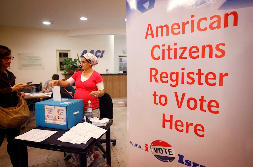 American citizens voting in the U.S. election at the Association of Americans and Canadians in Israel center in Jerusalem, Oct. 28, 2012. (Miriam Alster/Flash90)