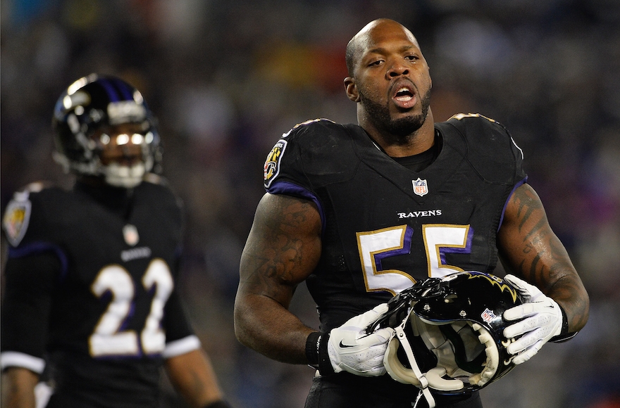 Linebacker Terrell Suggs #55 of the Baltimore Ravens looks on against the Pittsburgh Steelers at M&T Bank Stadium on November 28, 2013 in Baltimore, Maryland. (Patrick Smith/Getty Images)