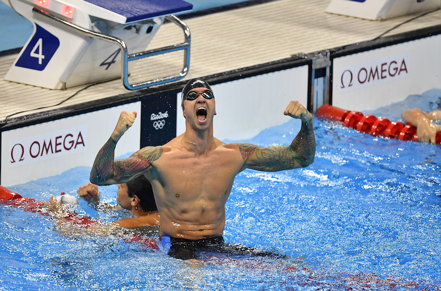 Anthony Ervin reacting after winning the men's 50-meter freestyle final at the Olympic Aquatics Stadium in Rio de Janeiro, Aug. 12, 2016. (Pascal Le Segretain/Getty Images)