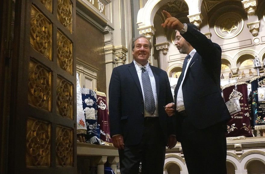 Rabbis Yechiel Eckstein, left, and Moshe Sebbag at the Grand Synagogue of Paris, June 27, 2016. (Cnaan Liphshiz)