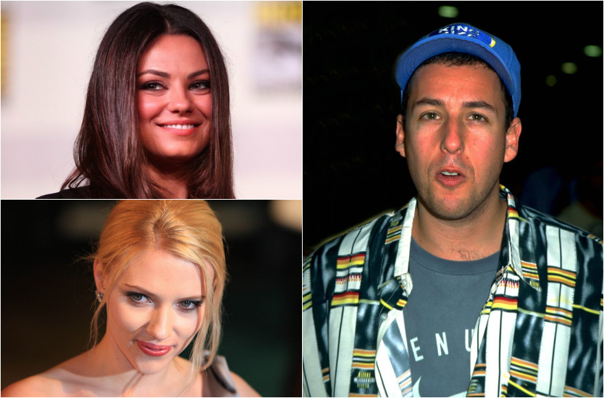 Top left, clockwise: Mila Kunis (Gage Skidmore/Creative Commons), Adam Sandler (Diane Freed/Getty Images), Scarlett Johansson (Solarpix/PRPhotos)