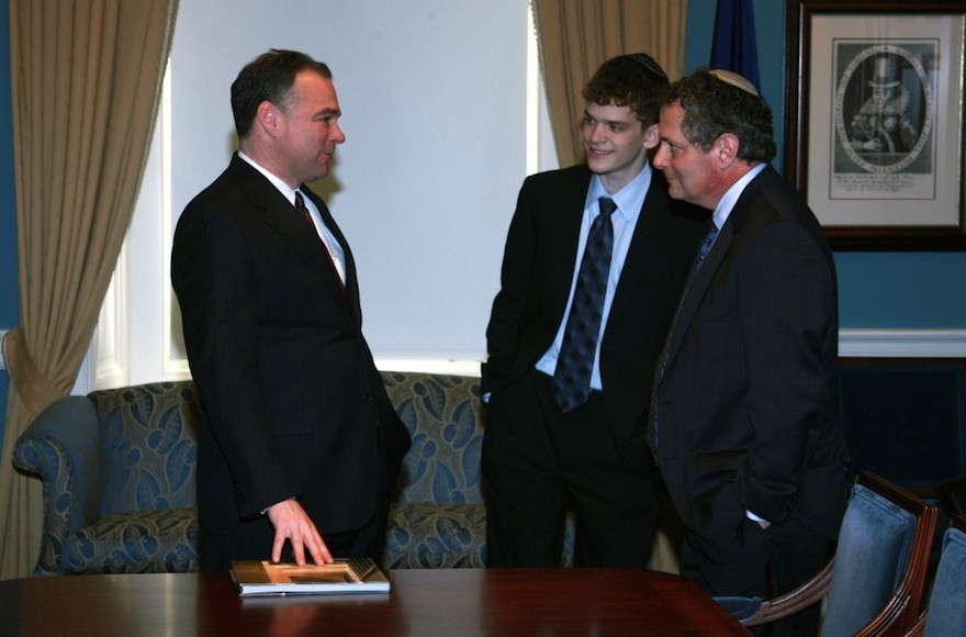 Then-Virginia Gov. Tim Kaine, left, speaking with Rabbi Jack Moline and Moline's son Max at the Virginia Statehouse. (Courtesy of Jack Moline)