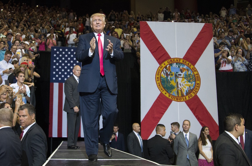 Donald Trump at a rally at Jacksonville Veterans Memorial Arena in Jacksonville, Florida, Aug. 3, 2016. (Mark Wallheiser/Getty Images)