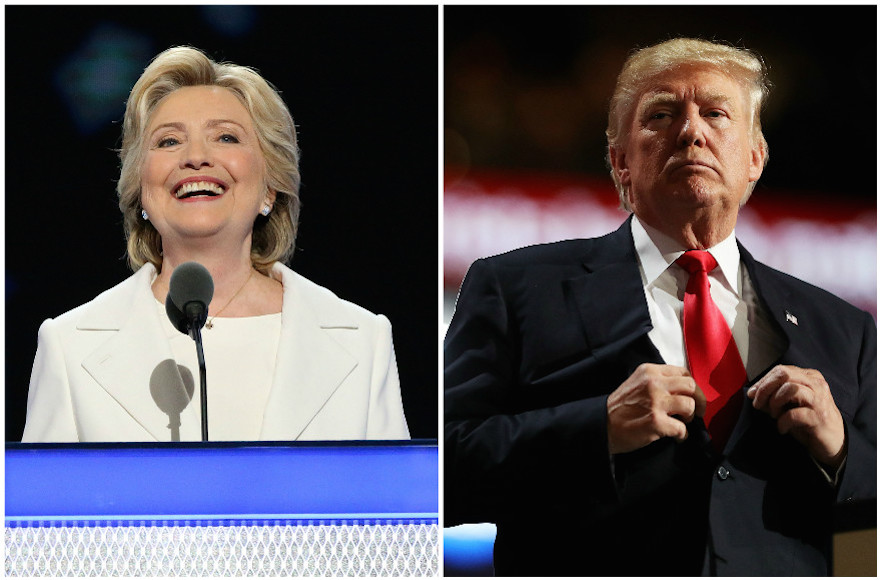 Hillary Clinton speaking on the fourth day of the Democratic National Convention in Philadelphia, July 28, 2016 and Donald Trump speaking on the fourth day of the Republican National Convention in Cleveland, July 21, 2016.(Paul Morigi/Getty Images, Joe Raedle/Getty Images)