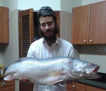 Rabbi Shmuel Notik holding a Nile perch at his home in Nairobi in 2015. (Courtesy of Shmuel Notik) 