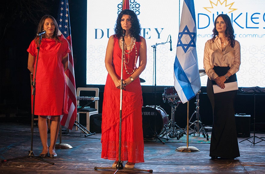 Shirley Siegel, center, at the opening of an exhibition of Israeli art in the city of Kotor in Montenegro on Sept. 15, 2016. (Photo: Dukley European Arts Community)