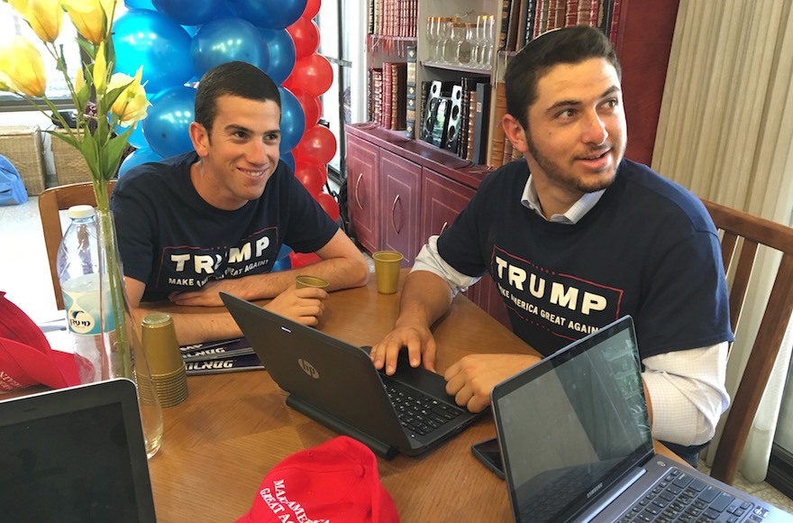 Chaim Rosenfield and another volunteer for Republicans Overseas Israel working at the opening of the Karne Shomron office in the West Bank, Sept. 5, 2016. (Andrew Tobin)