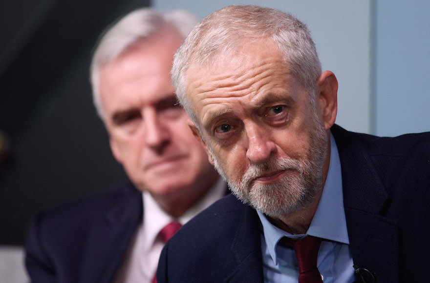 Labour Party leader Jeremy Corbyn, right, at a Q&A following a keynote speech on the future of the economy, held at the Bloomberg headquarters in London, Sept. 15, 2016. (Leon Neal/Getty Images)