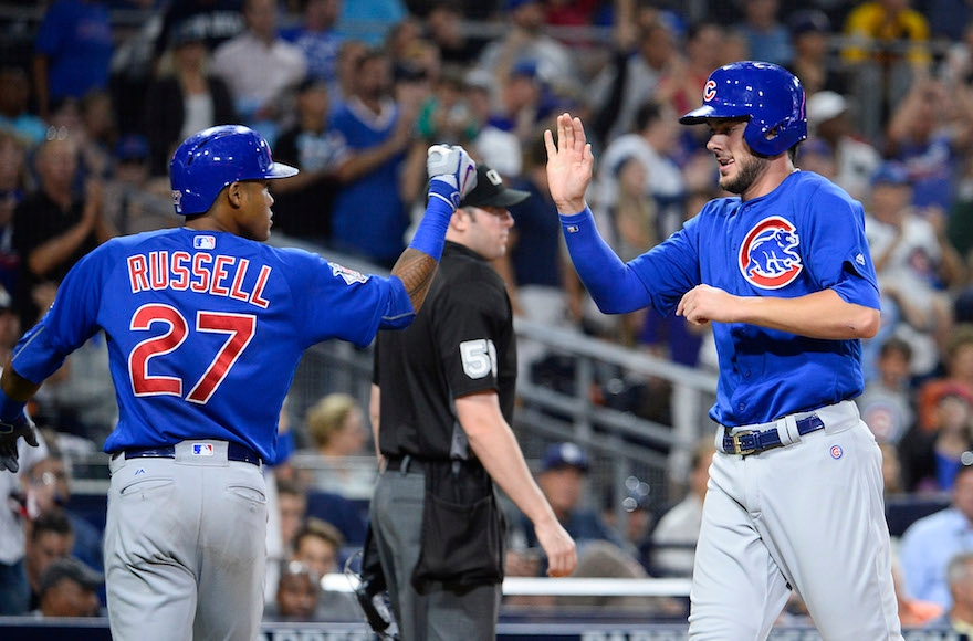 Addison Russell, left, with teammate Kris Bryant during the fifth inning of a game against the San Diego Padres at PETCO Park on Aug. 23, 2016. (Denis Poroy/Getty Images)