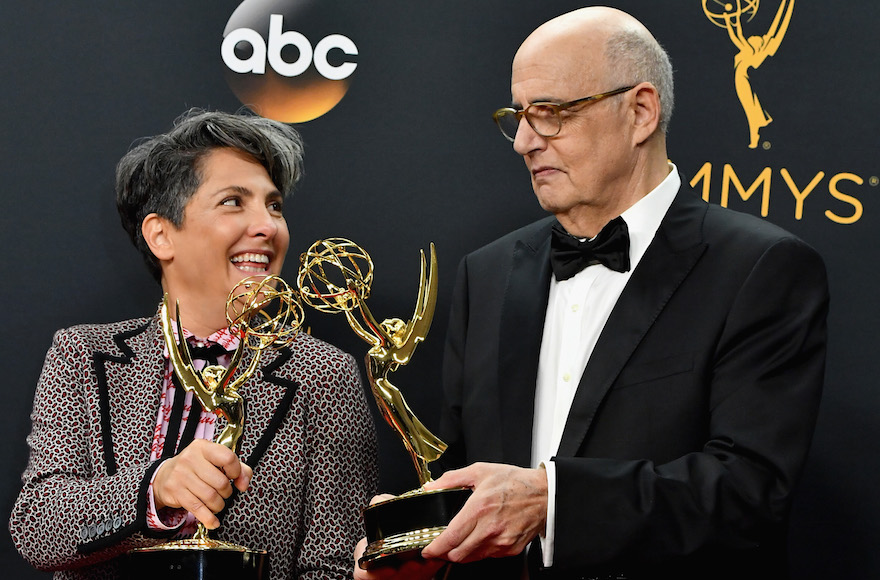 Jill Soloway (L), winner of the Oustanding Directing for a Comedy Series award for the 'Transparent' episode 'Man on the Land,' and actor Jeffrey Tambor, winner of the Outstanding Lead Actor in a Comedy Series for 'Transparent,' in the press room during the 68th Annual Primetime Emmy Awards at Microsoft Theater in Los Angeles, Sept. 18, 2016. (Steve Granitz/WireImage/GettyImages)
