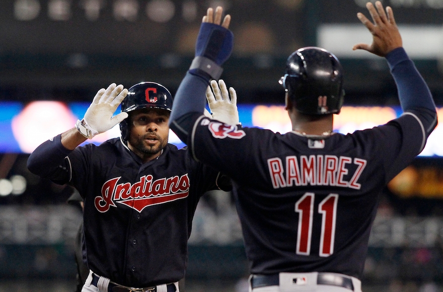 Coco Crisp, left, celebrating with teammate Jose Ramirez in a game against the Detroit Tigers at Comerica Park in Detroit, Sept. 26, 2016. (Duane Burleson/Getty Images)