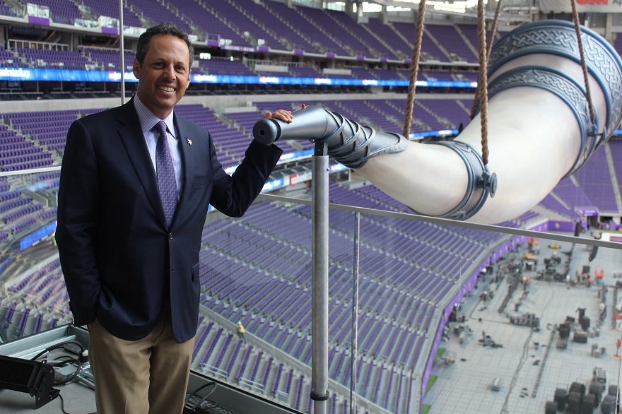 Mark Wilf, a co-owner of the Minnesota Vikings, at the team's gigantic Nordic horn in its new $1.1 billion stadium. (Hillel Kuttler)