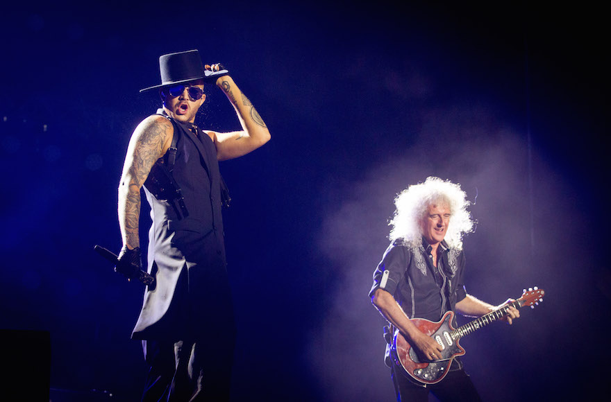 American singer Adam Lambert performing with the British band Queen at a concert in Park Hayarkon, Tel Aviv, Sept. 12, 2016. (Miriam Alster/Flash90)