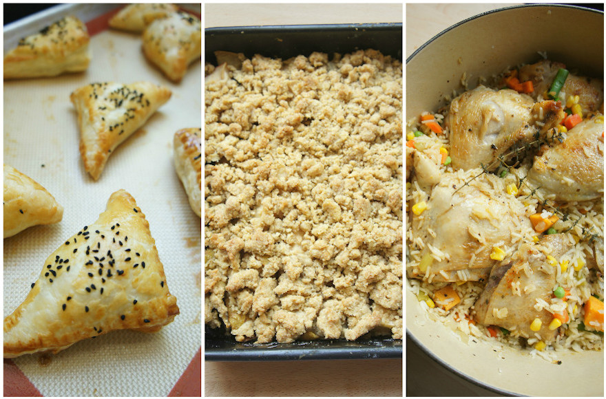 From left: lamb and squash burekas, apple pear cherru crumble and one pot chicken and rice. (Shannon Sarna)