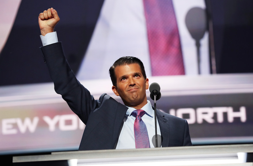 Donald Trump Jr. speaking on the second day of the Republican National Convention at the Quicken Loans Arena in Cleveland, Ohio, July 19, 2016. (Joe Raedle/Getty Images)