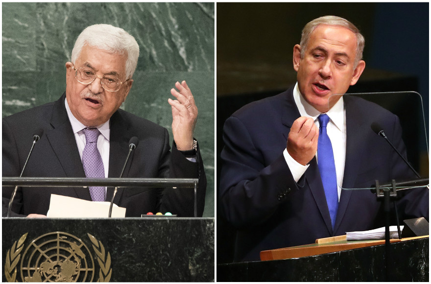 Palestinian Authority President Mahmoud Abbas, left (Drew Angerer/Getty Images) and Israeli Prime Minister Benjamin Netanyahu (Spencer Platt/Getty Images) addressing the UN General Assembly in New York, Sept. 22, 2016.