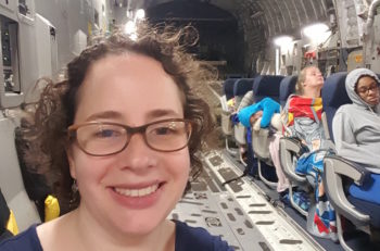 Rabbi Abbi Sharofsky being airlifted out of Guantanamo Bay to escape Hurricane Matthew. (Abbi Sharofsky)