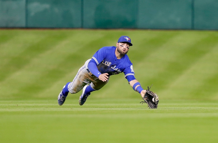 Kevin Pillar making a diving catch in a game against the Houston Astros in Houston, Aug. 3, 2016. (Bob Levey/Getty Images)