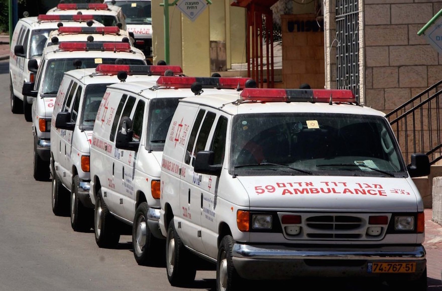 Magen David Adom ambulances lining up in Sderot, Israel, May 19, 2007. (Brian Hendler)