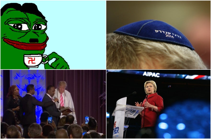 Top left, clockwise: Pepe the Frog, Bernie Sanders kippah, Hillary Clinton speaking at AIPAC, Donald Trump wearing a tallit (Pepe photo: Twitter; Sanders photo: Charles Ledford/Getty Images; Clinton photo: Alex Wong/Getty Images; Trump photo: YouTube)