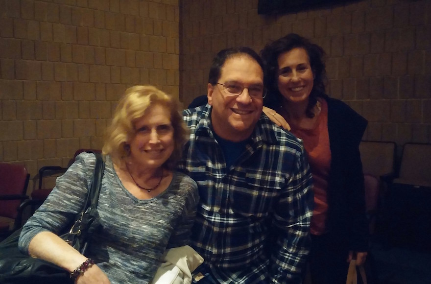 Tammy Resnikoff, right, came to the debate at the West Orange JCC with her friends Lisa and David Segelman, all of them hoping to learn more and still some of their anxiety about the divisiveness of the elections. (Elaine Durbach) 