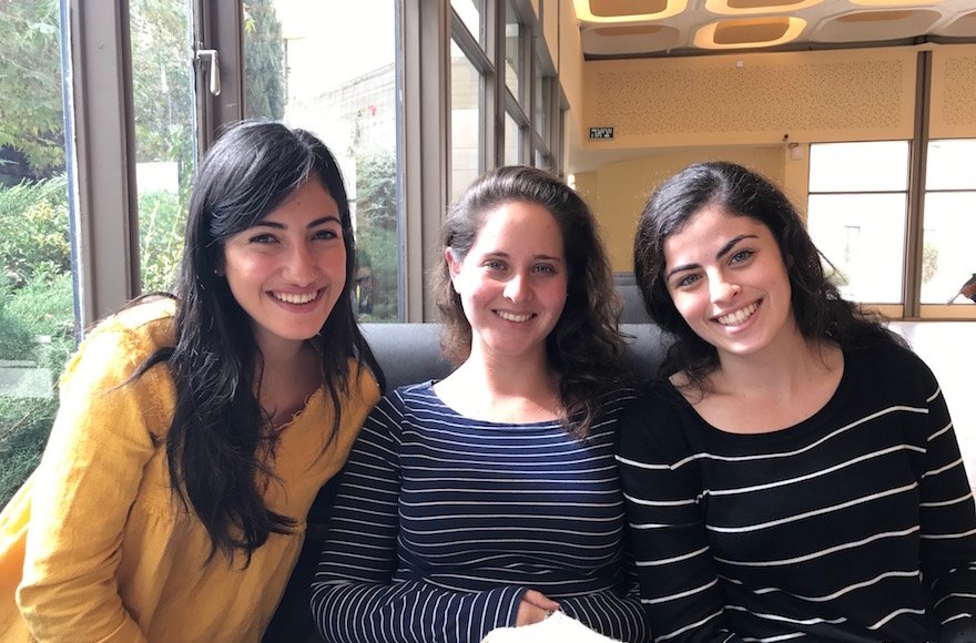 From left: Reham Shalbe, Rachel Har Shalom and Shauna Dubitsky taking a break from studying at the Hebrew University of Jerusalem, Nov. 7, 2016. (Andrew Tobin)