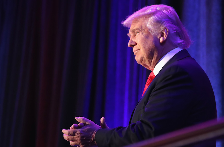 Republican president-elect Donald Trump acknowledging the crowd during his election night event at the New York Hilton Midtown in New York City, Nov. 9, 2016. (Joe Raedle/Getty Images)