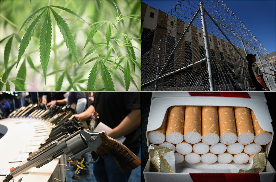 (Top left, clockwise, marijuana photo: Richard Lautens/Toronto Star via Getty Images; prison photo: Justin Sullivan/Getty Images; cigarettes photo: Matt Cardy/Getty Images; guns photo: Ethan Miller/Getty Images)