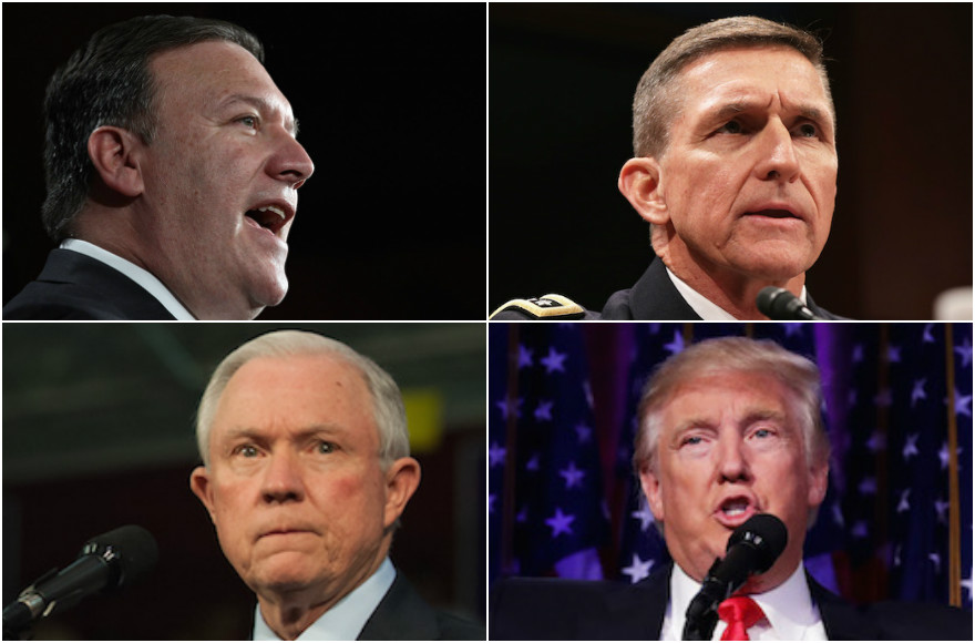 Top left, clockwise, Mike Pompeo, Michael Flynn, Donald Trump, and Jeff Sessions (Pompeo photo: Win McNamee/Getty Images; Flynn photo: Alex Wong/Getty Images; Trump photo: Chip Somodevilla/Getty Images; Sessions photo: Jeff Swensen/Getty Images)