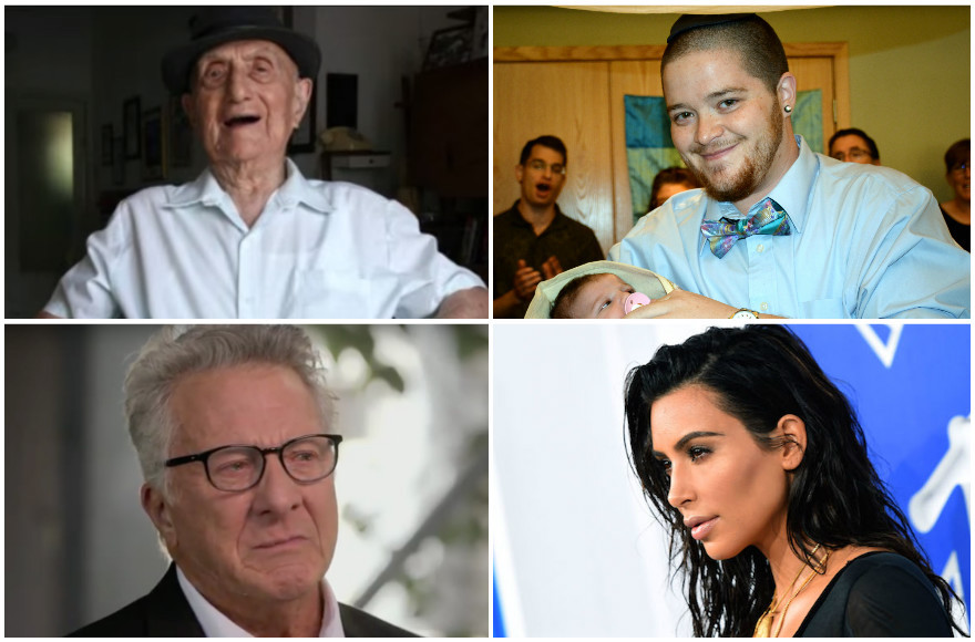 Clockwise, from top left: Yisrael Kristal, the world's oldest man; transgender man Rafi Daugherty; Kim Kardashian; Dustin Hoffman tearing up on 