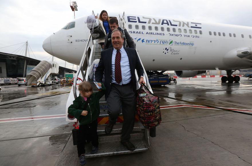 Rabbi Eckstein exiting the first flight organized by the the International Fellowship of Christians and Jews, Dec 2014. (Courtesy of IFCJ)