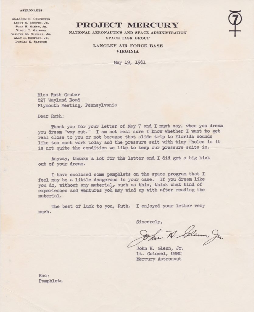 The response letter Ruth Ellen Gruber received from John Glenn in 1961. (Courtesy of Ruth Ellen Gruber)