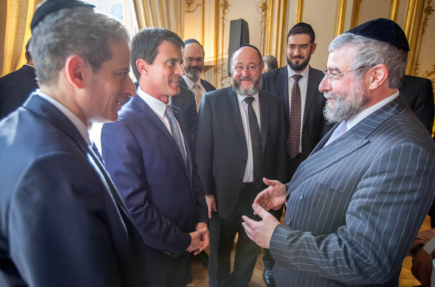 Manuel Valls, second from left, hosting a delegation of the Conference of European Rabbis at his office in May 2015. (Eli Itkin/Conference of European Rabbis)