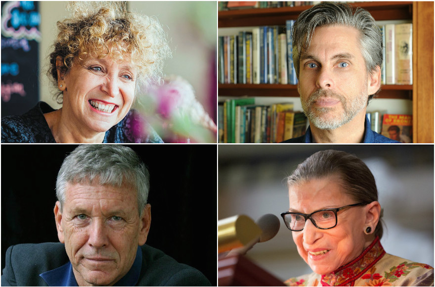 Top left, clockwise: Leah Kaminsky, Michael Chabon, Ruth Bader Ginsburg, Amos Oz (Kaminsky photo: HarperCollins; Chabon photo: Benjamin Tice Smith; Bader Ginsburg photo: Allison Shelley/Getty Images; Oz photo: Houghton Mifflin Harcourt)