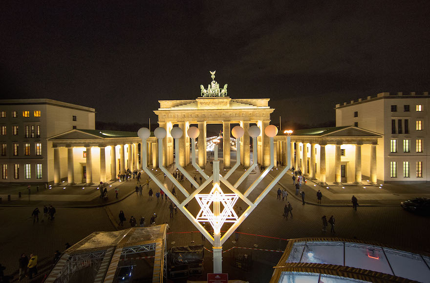 A menorah in front of the Brandenburg Gate in Berlin, Dec. 16, 2014 (Carsten Koall/Getty Images)