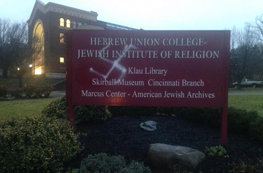 A swastika was discovered on a sign on the campus of the Hebrew Union College in Cincinnati, Jan. 3, 2017. (Courtesy of Adrianna Marie)