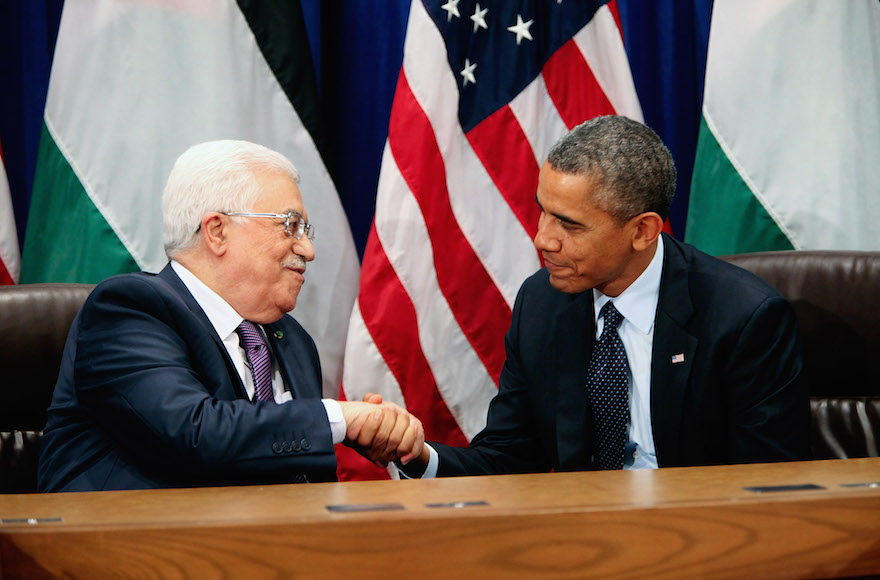 President Barack Obama meeting with Palestinian Authority President Mahmoud Abbas after addressing the United Nations 68th General Assembly in New York City, Sept. 24, 2014. (Allan Tannenbaum-Pool/Getty Images)