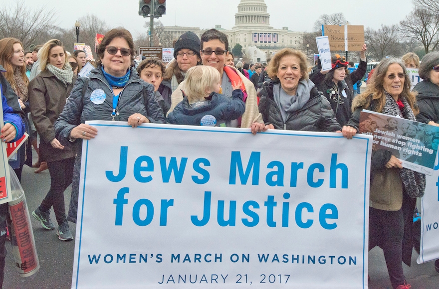 From left to right: Nancy Kaufman, CEO of the National Council of Jewish Women; Rabbi Tamara R. Cohen, NCJW Chief of Innovation, Moving Traditions; and Debbie Hoffmann, NCJW Board President at the National Mall for the Women's March on Washington, Jan. 21, 2017. (Ron Sachs)