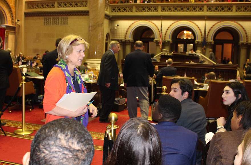Assemblywoman Shelley Mayer addressing students on Teach-NYS mission in the New York State Assembly Chamber. (Teach NYS)