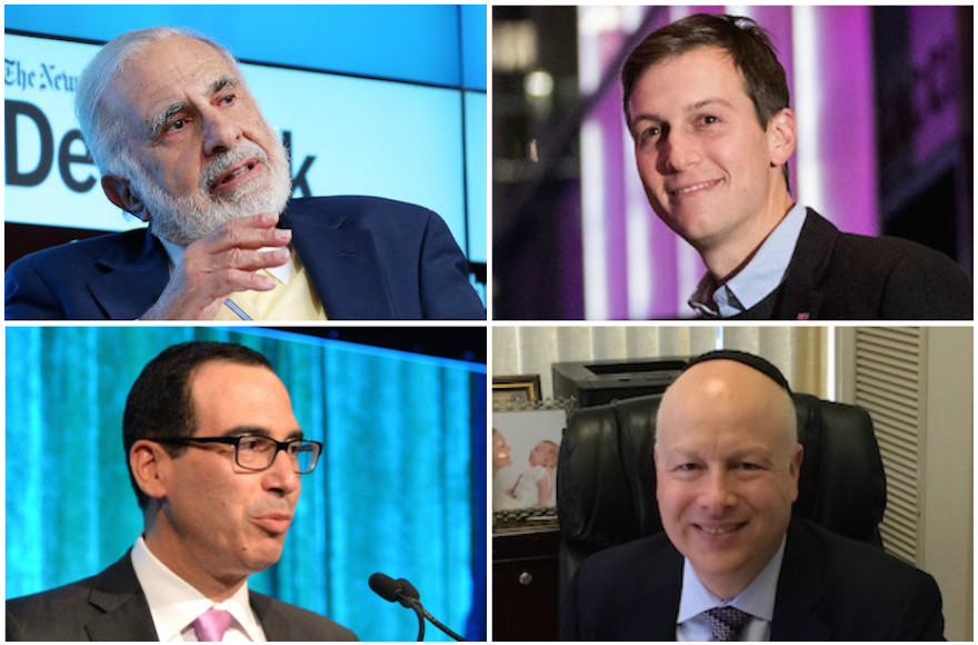 Top left, clockwise: Carl Icahn, Jared Kushner, Jason Greenblatt, Steven Mnuchin (Icahn photo: Neilson Barnard/Getty Images for New York Times; Kushner photo: Drew Angerer/Getty Images; Greenblatt photo: Uriel Heilman; Mnuchin photo: Andrew H. Walker/Getty Images for City Harvest)