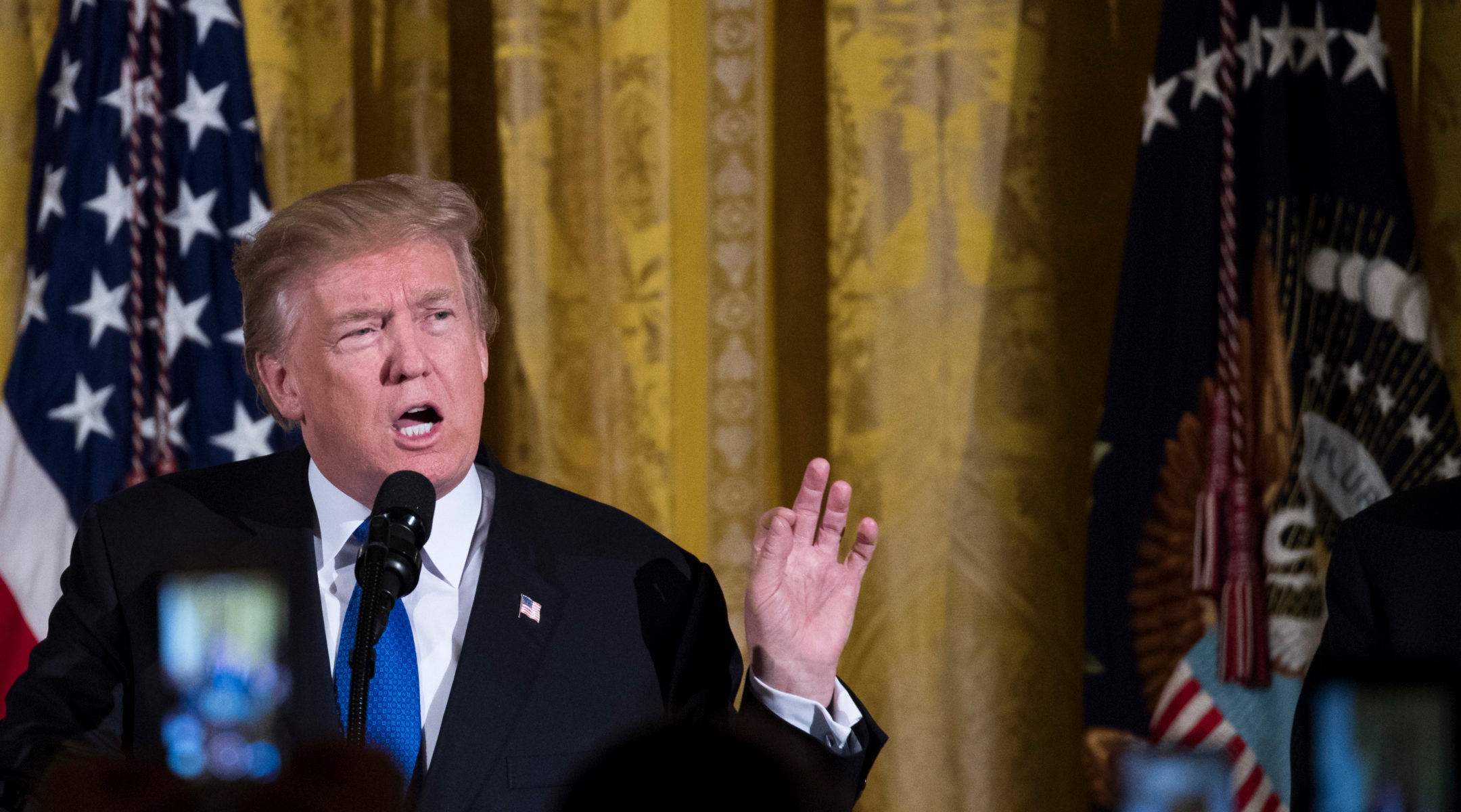 President Donald Trump delivering a speech during the White House Hanukkah Reception on Dec. 7, 2017. Photo: Drew Angerer/Getty Images