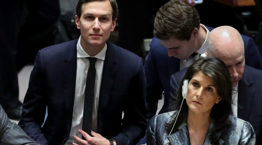 Jared Kushner takes his seat as U.S. ambassador to the United Nations Nikki Haley at UN headquarters in NY, Feb. 20, 2018 (Drew Angerer/Getty Images)