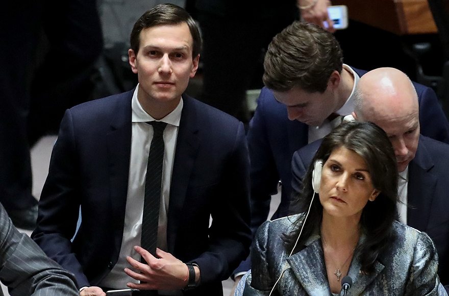 Jared Kushner takes his seat as U.S. ambassador to the United Nations Nikki Haley at UN headquarters in NY, Feb. 20, 2018 (Drew Angerer/Getty Images)