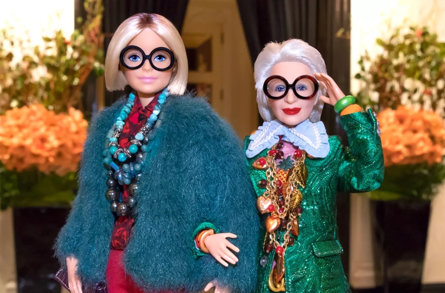 A Barbie doll in the image of Iris Apfel, right. Photo: Courtesy of Mattel Inc