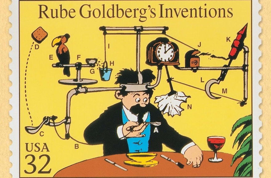 An iconic Rube Goldberg cartoon, the “Self Operating Napkin,” was featured on a U.S. postal stamp honoring the cartoonist. (Rube Goldberg Inc.)