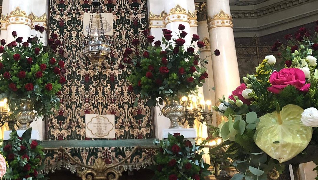 Flowers decorating the Great Synagogue of Rome, Italy in June 2019. (Courtesy of the Conference of European Rabbis)